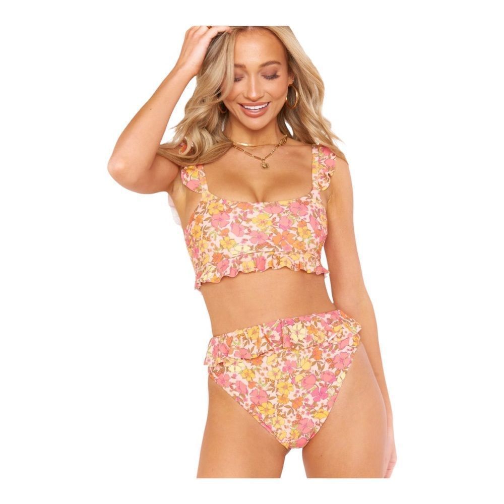 Show Me Your Mumu Orange Floral Ruffle High Waist Bikini Bottom SZ XL NWOT